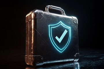 Wall Mural - A metallic briefcase with a shield and checkmark icon, symbolizing cybersecurity and trust. 