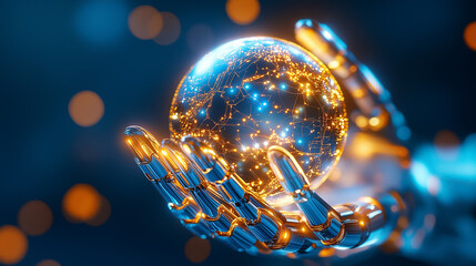 Poster - A robotic hand reaches out to touch a vibrant digital globe representing global connectivity and technology