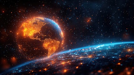Wall Mural - a digital rendering of earth with glowing continents and a starry background.