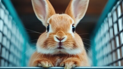 A fluffy brown bunny with alert ears peeks out from a cozy wire mesh habitat, emphasizing its endearing small features and innocent expression.