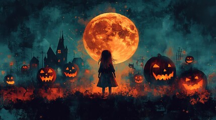 Poster - Halloween scene with an American girl and pumpkin monsters in front of a glowing full moon Layered patterns and intricate orangegray details give a vintage poster style in uhd