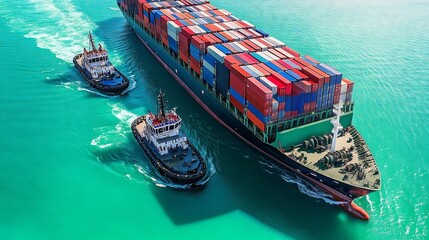 Container ship carrying cargo entering port with tug boats helping