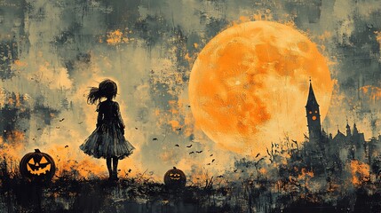 Poster - Halloween scene with an American girl and pumpkin monsters in front of a glowing full moon Layered patterns and intricate orangegray details give a vintage poster style in uhd