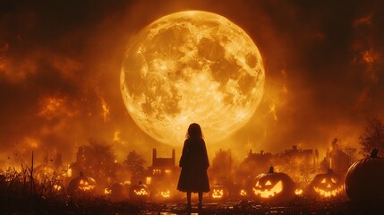 Poster - Halloween scene with an American girl and pumpkin monsters in front of a glowing full moon Layered patterns and intricate orangegray details give a vintage poster style in uhd