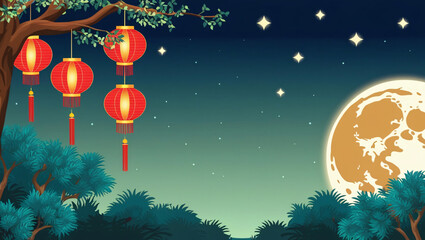 Mid-Autumn Festival background, red and gold lantern illustration hanging in the night sky