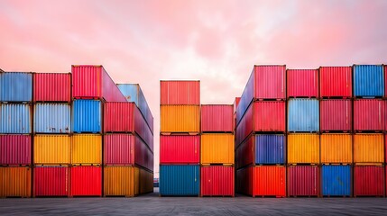 Colorful stacked cargo containers at a busy port terminal at sunset