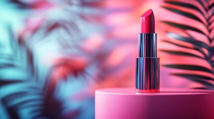 Poster - Lipstick mockup placed elegantly on a pink pedestal against a background of abstract geometric shapes with soft shadows and vibrant colors creating a trendy and eyecatching beauty display