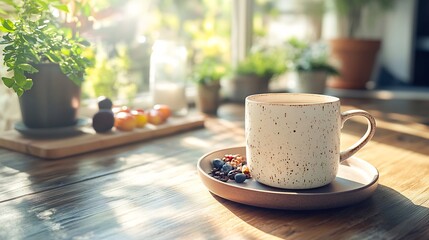 Poster - Minimalist breakfast scene with a handcrafted ceramic cup and plate on a smooth wooden table surrounded by fresh ingredients natural light filters through creating a warm atmosphere