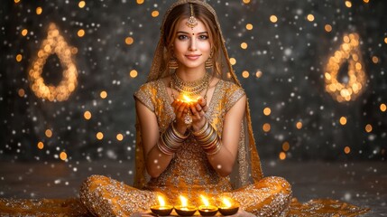 Indian Woman Holding Diya Lamp  Diwali Festival  Golden Sari  Lights