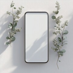 Fototapete - Minimalist smartphone mockup featuring a blank display and a subtle shadow on a white backdrop This image conveys a feeling of lightness and freshness perfect for techrelated promotions