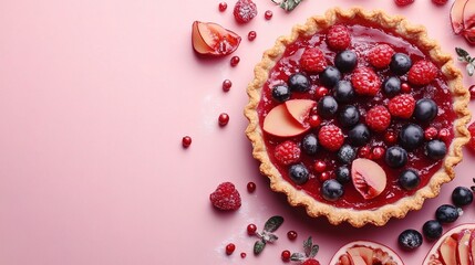 Wall Mural - Fresh Fruit Tart with Berries and Slices on Pink Background