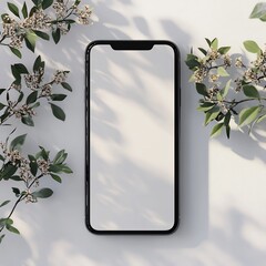 Fototapete - Minimalist smartphone mockup featuring a blank display and a subtle shadow on a white backdrop This image conveys a feeling of lightness and freshness perfect for techrelated promotions