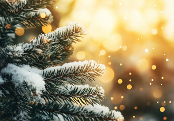 Snowflakes on a Christmas tree with warm yellow bokeh background.