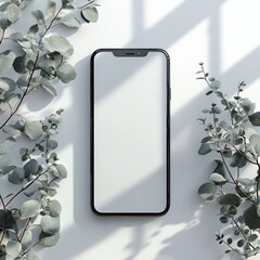 Fototapete - Minimalist smartphone mockup featuring a blank display and a subtle shadow on a white backdrop This image conveys a feeling of lightness and freshness perfect for techrelated promotions