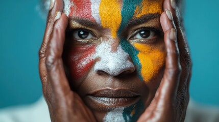 A close-up of a person's face painted in vibrant colors with intricate patterns, showcasing artistic expression and cultural significance in a modern style.