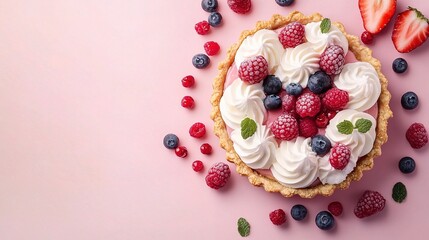 Canvas Print - Delicious Berry Tart with Whipped Cream and Mint