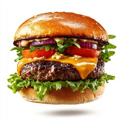 Fototapete - Mouthwatering burger with a perfectly grilled patty and fresh toppings including lettuce tomatoes and cheese all soaring in midair against a pristine white background creating an appetizing scene
