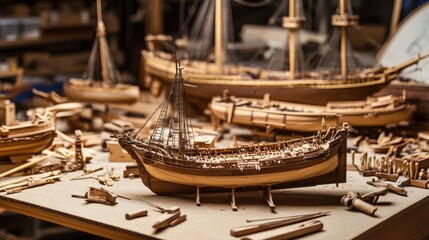 Poster - An intricate model ship workshop with miniature tools, Wooden ships in various stages of construction, Maritime artisan style