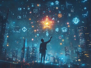 A person stands in front of a cityscape, reaching up to a glowing star with various icons falling around them, representing success and reaching for goals.