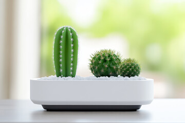 minimalist white planter holds three vibrant green cacti, set against softly blurred background. modern design and natural elements create serene and stylish atmosphere