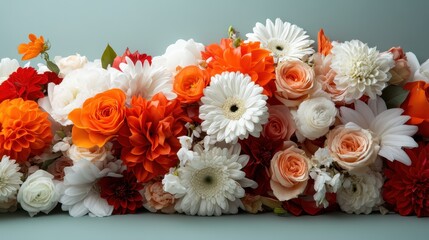 A stunning collection of roses, dahlias, and daisies in vibrant orange and white hues, set against a soft pastel green background. Perfect for joyful expressions.