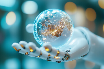 Poster - a robotic hand extends towards a shimmering digital globe, symbolizing innovation and worldwide inte