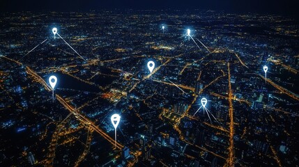 Poster - Aerial City View with Location Markers at Night