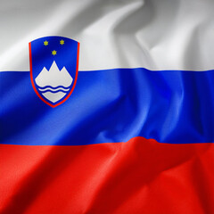 Republic of Slovenia flag waving in the wind. Cloth fabric texture ensign background. Use it for national day and country occasions concept