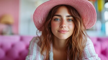 A cheerful woman wearing a pink straw hat smiles gently while framed in a brightly lit, pink-themed room, adding a touch of whimsy and modern style.