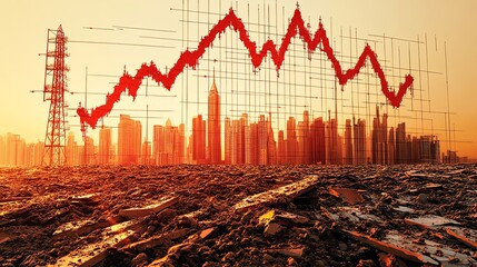 Poster - A red line graph showing a fluctuating stock market superimposed over a city skyline with a desert landscape in the foreground.