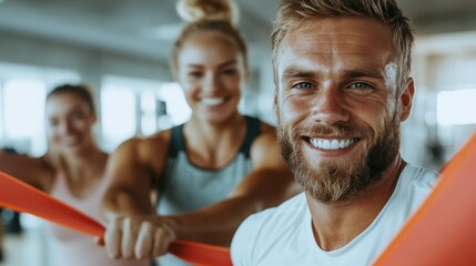 A youthful man with a charming smile holds a resistance band while surrounded by fitness-minded friends, embodying teamwork and vitality in a modern exercise space.