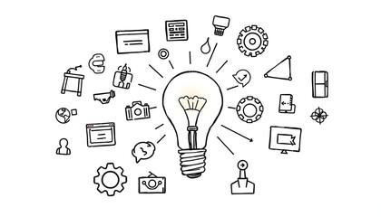 Various hand-drawn business and technology icons arranged around a lightbulb centerpiece on a white background, symbolizing creative ideas and brainstorming isolated with white highlights, png