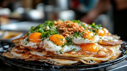 This mouth-watering image features a decadent stack of pancakes, perfectly topped with sunny-side-up eggs, fresh parsley, and crunchy nuts, ready to savor any appetite.