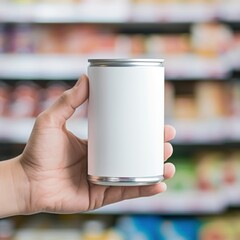 Sticker - Hand holding food can with blank label  packaging supermarket shelf refreshment.