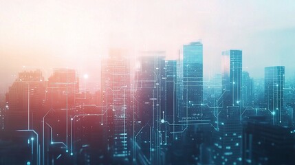 Poster - Urban Landscape with Digital Overlay at Sunset