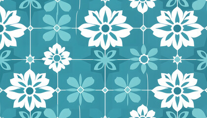 Wall Mural - craft tile interior, Mid century modern style seamless vector pattern with geometric floral shapes colored in white and aqua blue. Retro geometric pattern sixties style isolated with white highlight