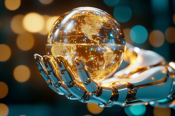 Poster - a robotic hand reaches for a glowing digital globe, symbolizing innovation and societal progress