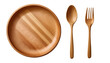 © MRK STUDIO - Wooden empty bowl plate with wood fork and spoon isolated on white background. Kitchenware top view photo