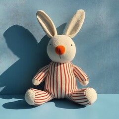 Poster - Plush rabbit toy with redandwhite stripes black ears and an orange nose rests on a lightblue surface against a skyblue background giving off a whimsical and playful look