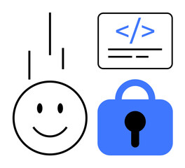 happy face, coding symbol and blue lock symbolize positivity, technology, and security. Ideal for web development, coding, online security, programming and digital communication. Simple vector style