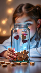 Girl with glass jar small wooden hearts near psychologist isolated with white highlights, png