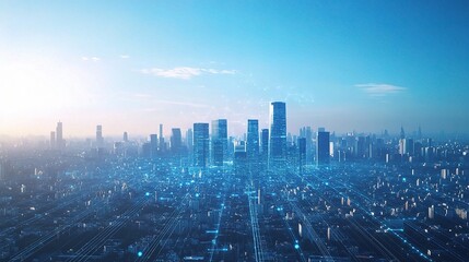 Poster - Urban Skyline with Digital Connections at Sunrise