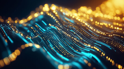Poster - Dynamic blue and gold data streams flow, showcasing a captivating abstract vision of technology