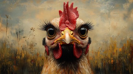 Poster - Quirky hen with long eyelashes in a Bavarian dirndl showing an exaggerated expression Set against an Oktoberfest scene with soft brush strokes the background remains subtle with ample space