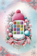 Wall Mural - artistic illustration of christmas decorations, winter hat beanie and all zodiac signs in pastel col