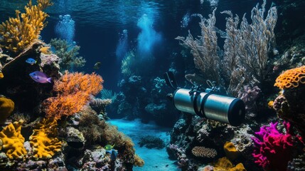 Poster - An underwater diving gear display in a vibrant coral reef, Scuba equipment surrounded by diverse marine life and colorful corals, Coral reef exploration style