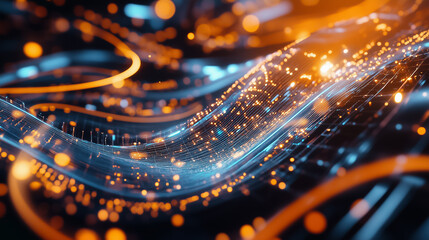 Fototapete - Bright orange and blue data streams weave through a dark virtual space, creating a mesmerizing flow of light and energy