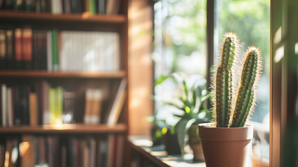 Sunlit cactus in a cozy home library with books and plants by the window