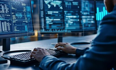 person working on a computer with two monitors displaying code.