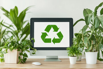 Eco friendly workspace with computer displaying a recycling symbol surrounded by green plants